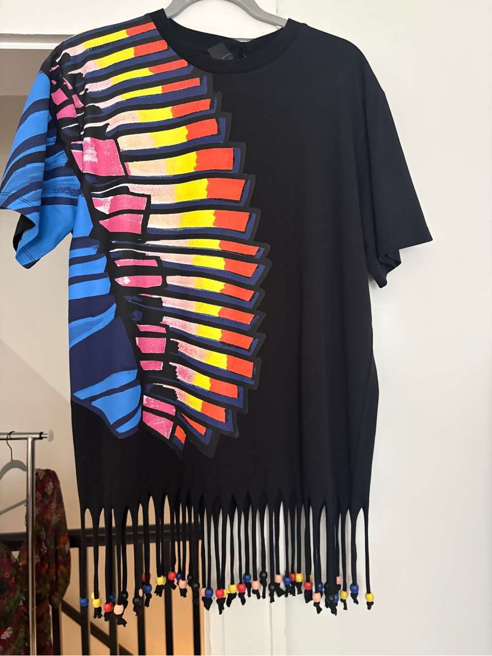 Desigual Black Short-Sleeve Tee with Multicolor Fan Print and Fringe